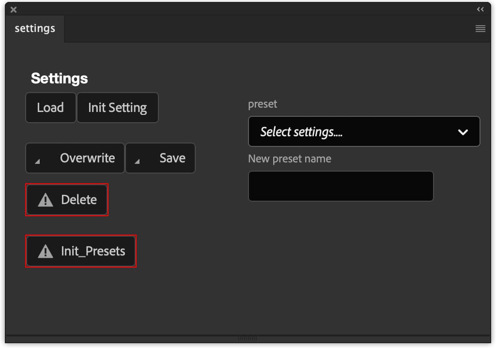 SettingsパネルのUI