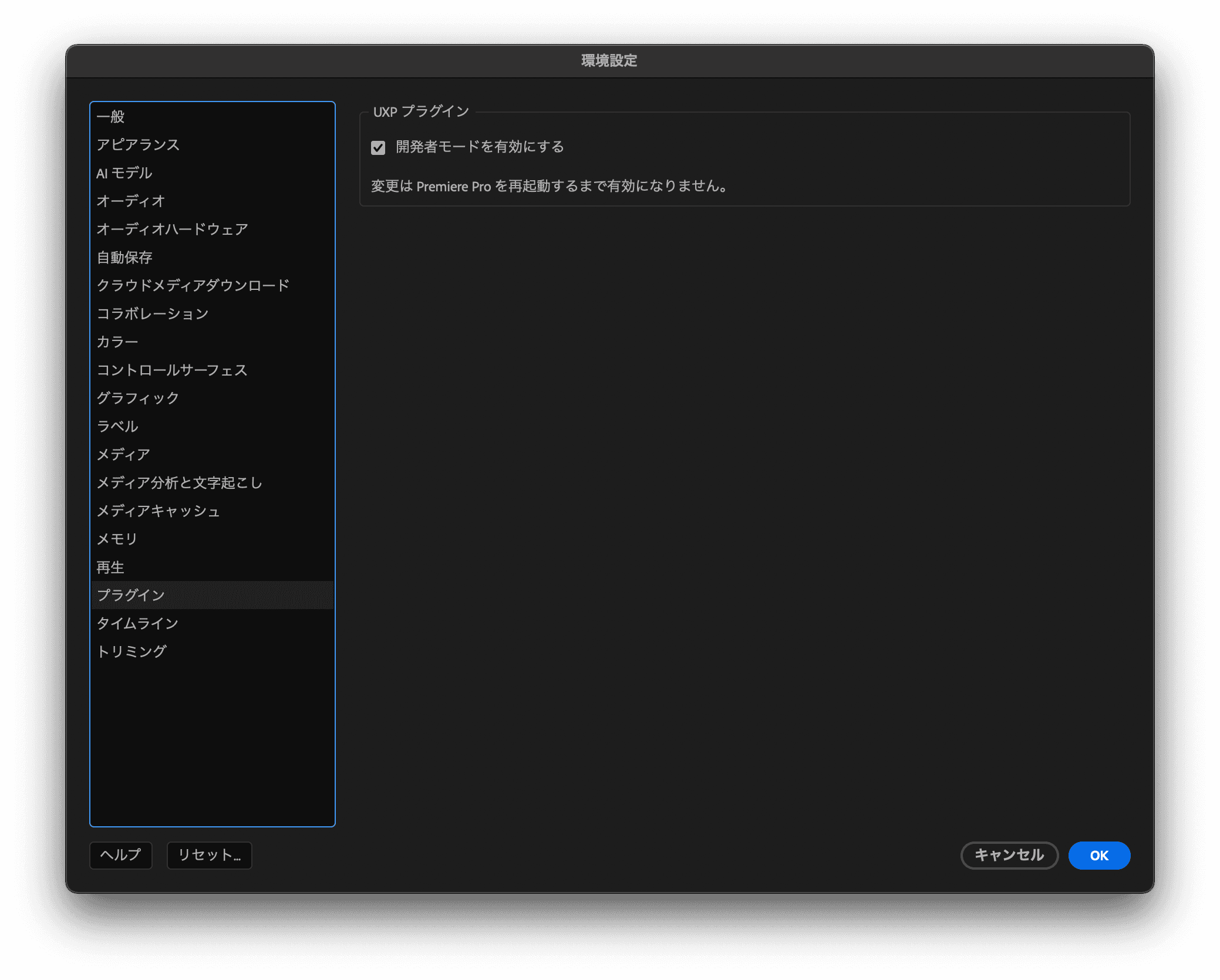 Premiere Proの環境設定のパネル
